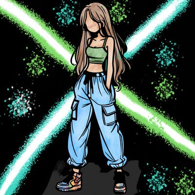 girl in baggy pants crop top and long hair