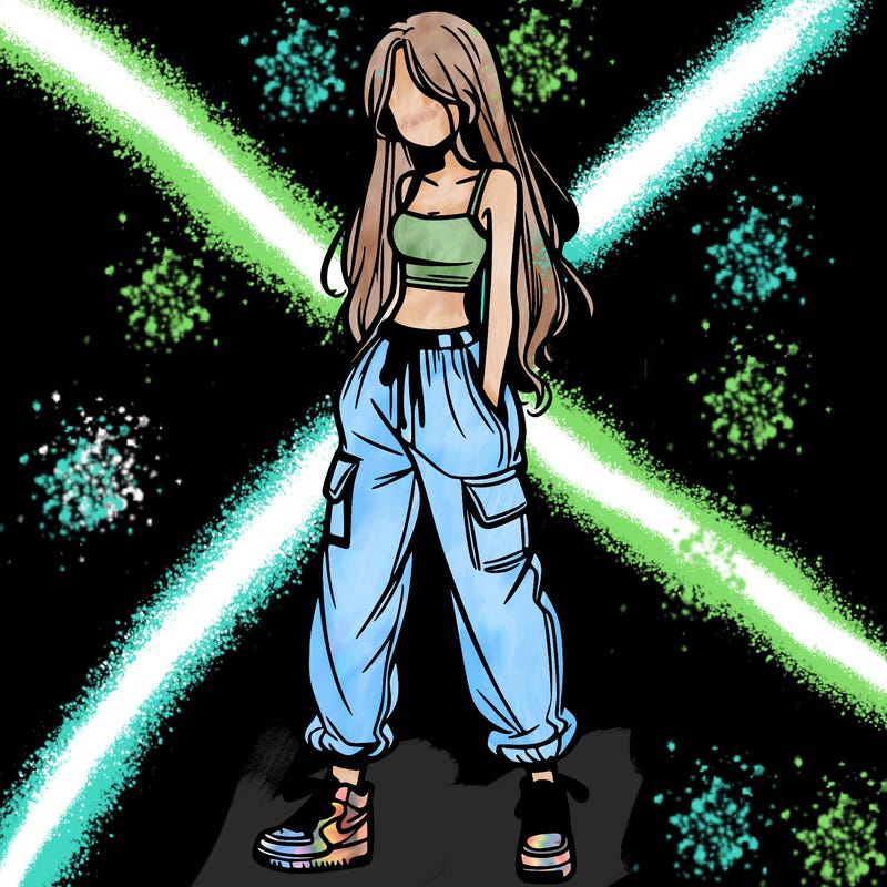 girl in baggy pants crop top and long hair