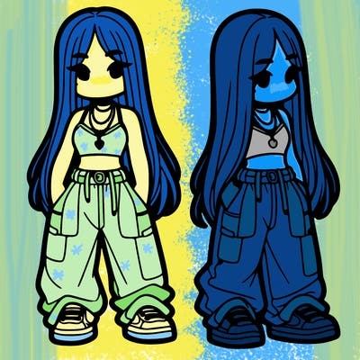 girl in baggy pants crop top and long hair