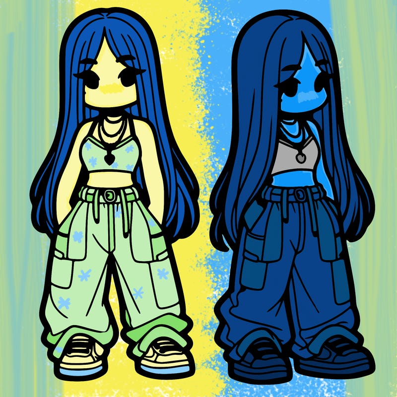 girl in baggy pants crop top and long hair