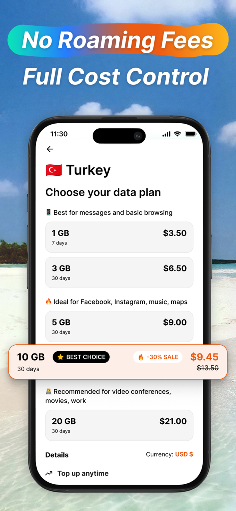 WonderConnect app interface on iPhone showing prepaid travel data plans for Turkey with transparent pricing