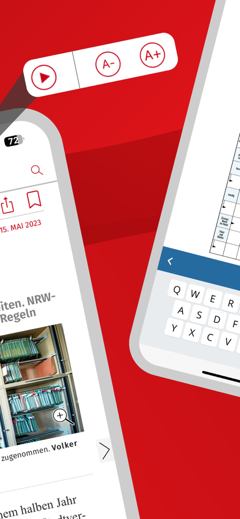 Mobile Screenshots der WR E-Paper App mit Nachrichtenartikeln und einem interaktiven Kreuzworträtsel.