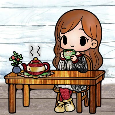 a girl drinking tea at a table with a teapot on the table