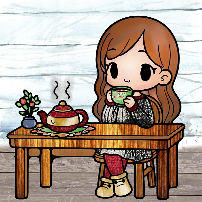a girl drinking tea at a table with a teapot on the table