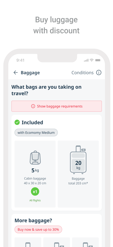 Georgian Airways - Air tickets - Bildschirm für Gepäckbestimmungen und -kauf der Georgian Airways Mobile App