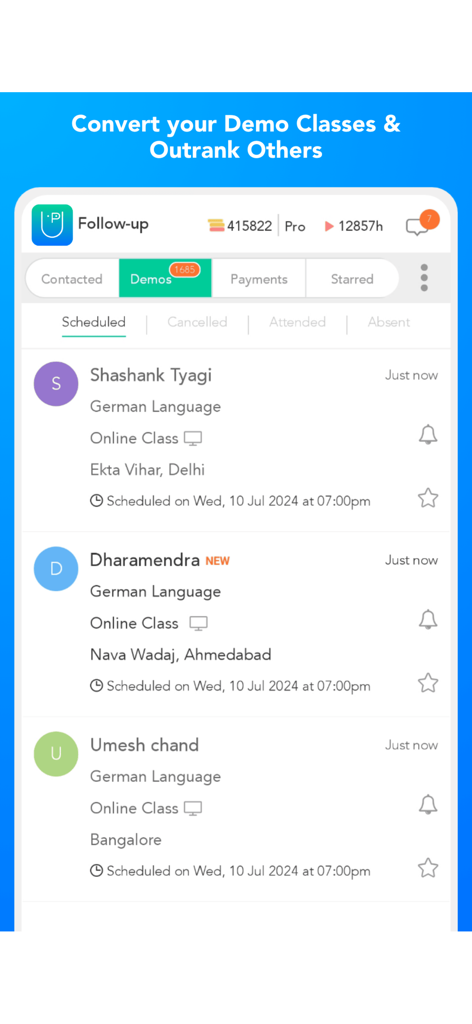 UrbanPro for Tutors - UrbanPro for Tutors app interface showing a list of scheduled demo classes for German language lessons