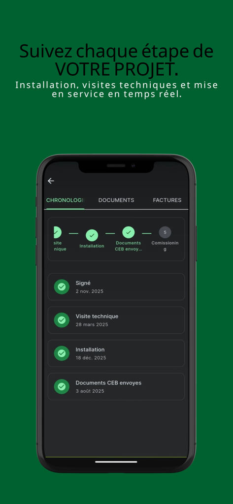 Grubbs Energy - Interface of the Grubbs Energy app showing a real-time project timeline for a solar panel installation.