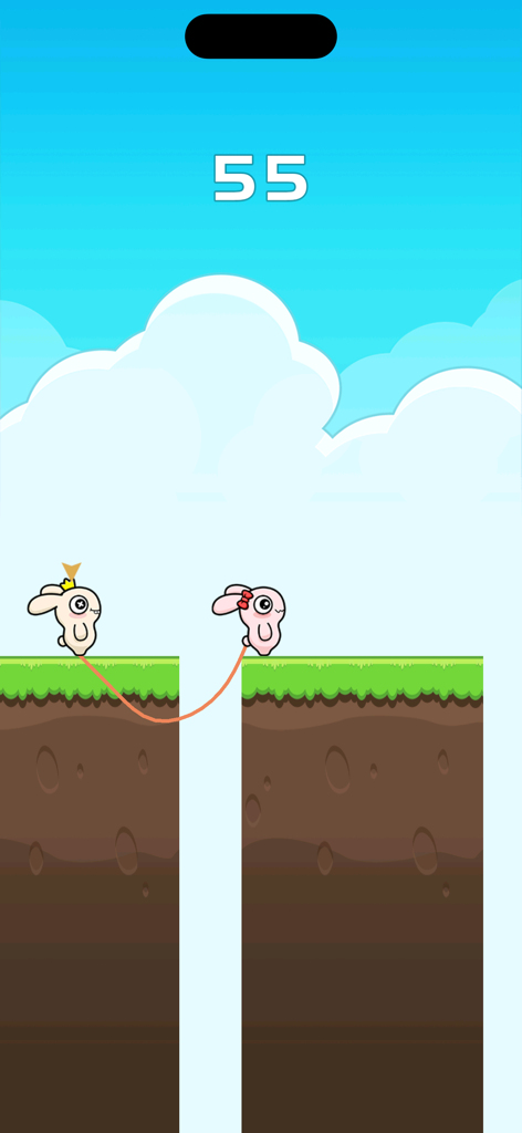 Two cute bunnies jumping between platforms in a split-screen 2-player mini-game challenge