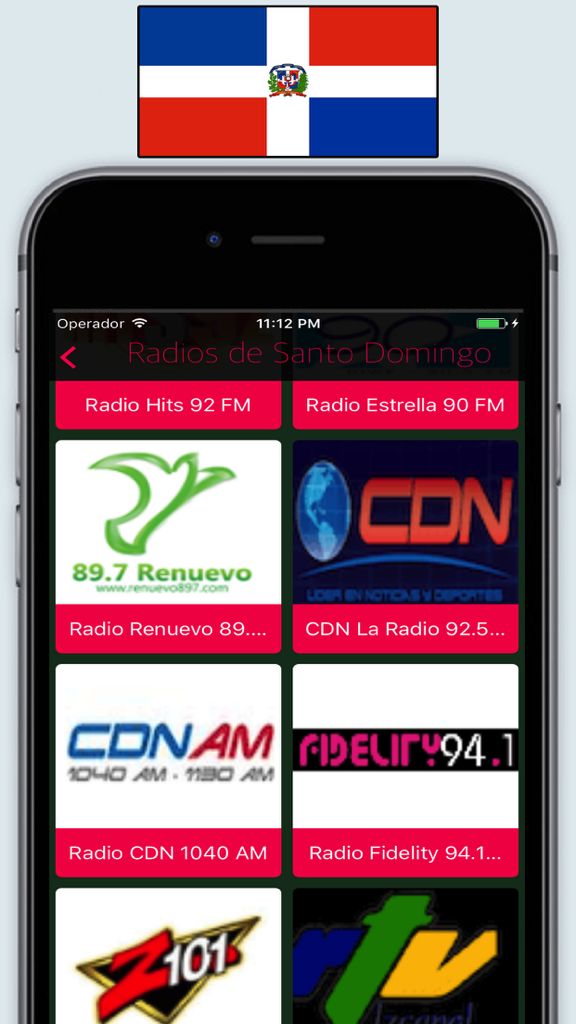 Radio Republic Dominican FM - Live Stations Online - Smartphone screen displaying a list of live Dominican radio stations from Santo Domingo including CDN and Fidelity