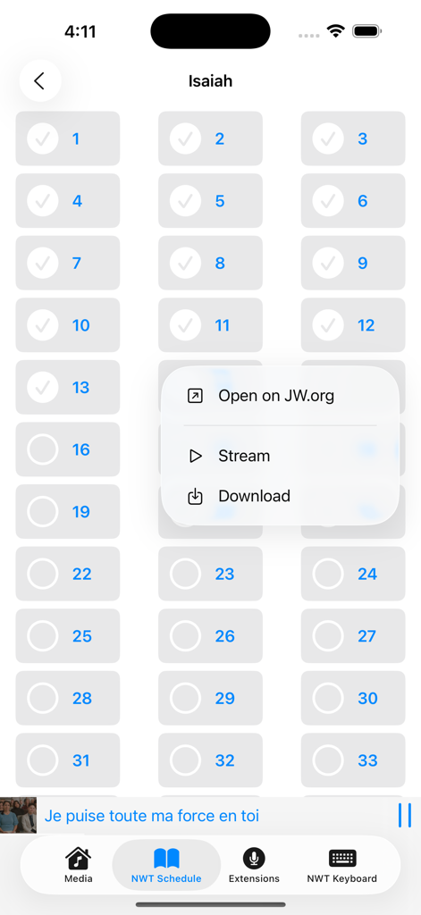 JWX app interface showing a Bible reading schedule for the book of Isaiah with options to stream or download audio for specific chapters