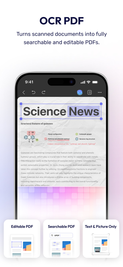 UPDF-App, die OCR-Technologie zur Umwandlung gescannter Dokumente in durchsuchbare und bearbeitbare PDFs auf einem iPhone präsentiert.