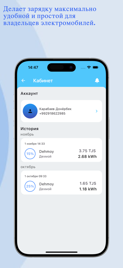 Megawatt by Megaoil - Megawatt app profile page showing charging history and user account information