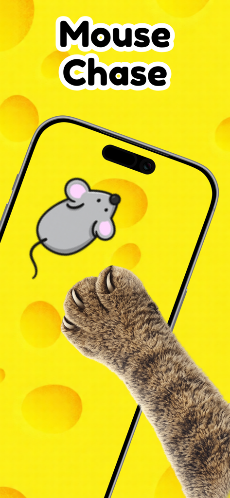 Cat Games for Cats - A cat's paw touching a cartoon mouse on a smartphone screen during a Mouse Chase game