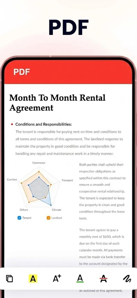 Una pantalla de móvil mostrando un documento PDF de contrato de alquiler con herramientas de edición y anotación