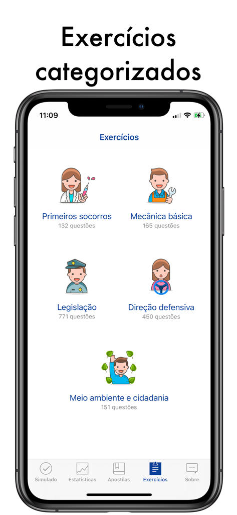 Simulado Detran Simulados CNH - Interface of the Simulado Detran CNH app showing categorized study topics like legislation and mechanics for the Brazilian driving exam