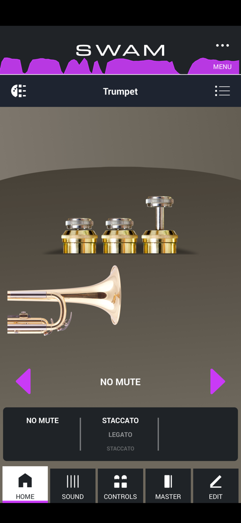 SWAM Trumpet - Interface of the SWAM Trumpet mobile app showing a virtual instrument with articulation controls