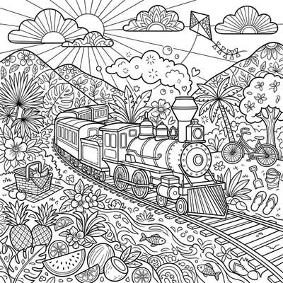 Embark on a creative journey with this detailed coloring page featuring a classic steam train. Chug through a sun-drenched summer landscape, rich with tropical fruits and joyful elements, ready for your artistic touch.