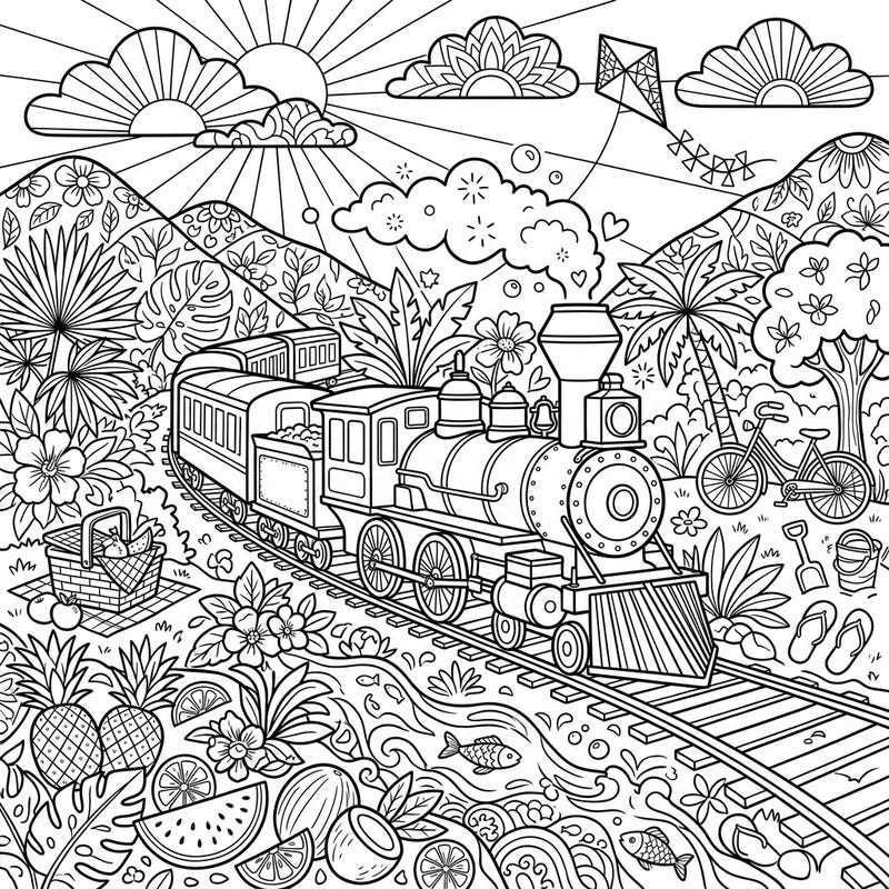 Embark on a creative journey with this detailed coloring page featuring a classic steam train. Chug through a sun-drenched summer landscape, rich with tropical fruits and joyful elements, ready for your artistic touch.