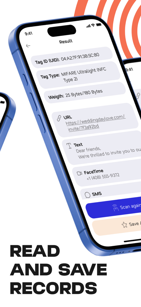 Screenshot of the NFC Read & Scan app showing detailed scan results including tag ID, type, and stored data like URLs and text.