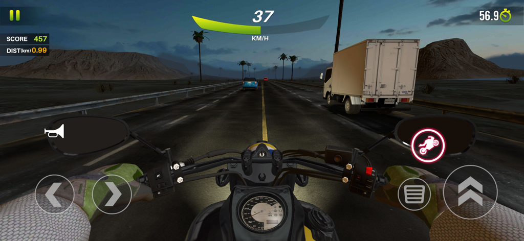 Traffic Bike - Real Moto Racer - First person perspective of a motorcycle racing through highway traffic at night