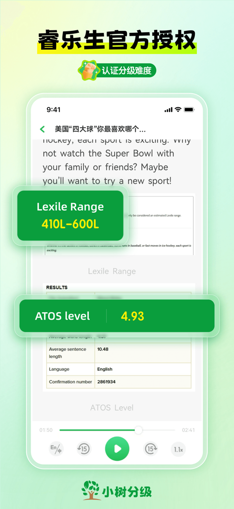 小树分级-时文英文新闻，考试同源外刊 - App-Bildschirm, der Lexile-Bereich und ATOS-Schwierigkeitsgrade für einen englischen Nachrichtenartikel zeigt