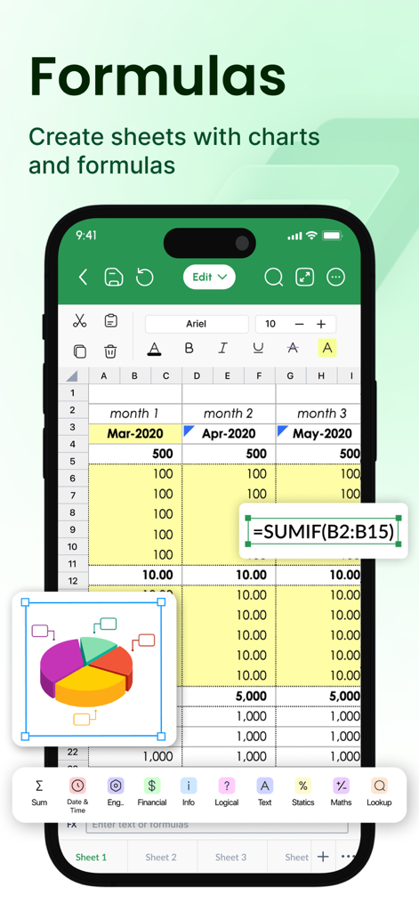 XLSX Sheets: Edit Spreadsheet - モバイル表計算インターフェース。SUMIF数式が編集され、3D円グラフが表示されています。
