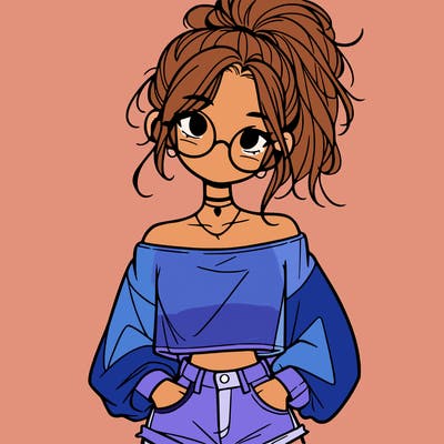 girl with a messy ponytail glasses a baggy crop top and jean shorts