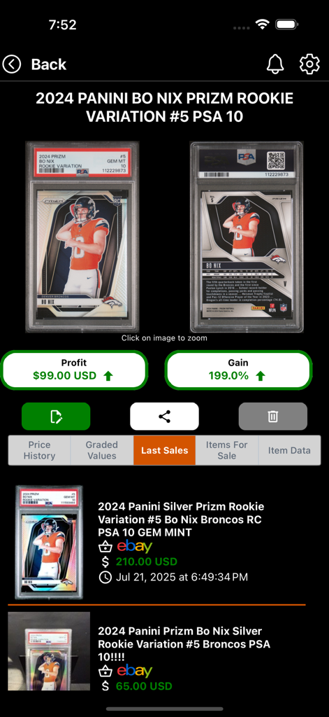 130 Point app screen showing sales data and profit analysis for a PSA 10 rookie card
