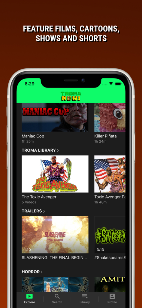 Troma NOW! - Troma NOW mobile app showing horror and cult movie categories