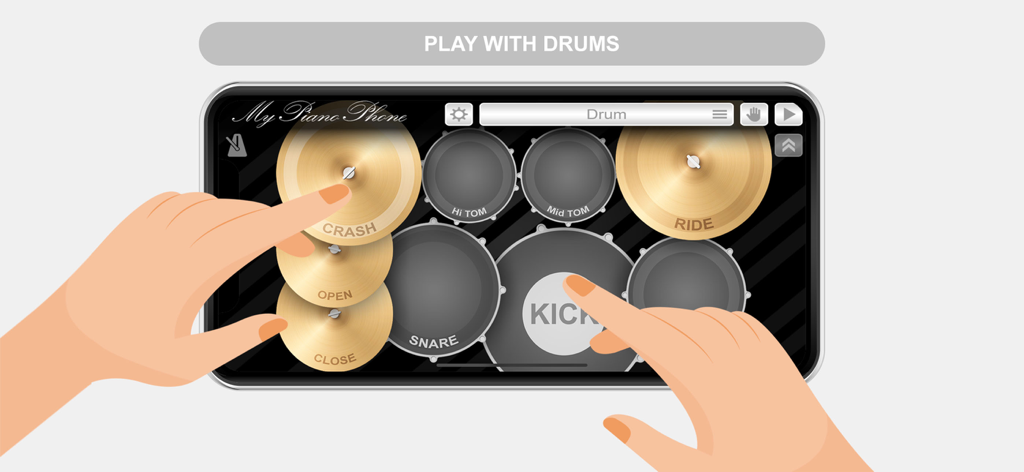 Um usuário tocando uma bateria virtual na tela de um smartphone usando o aplicativo My Piano Phone
