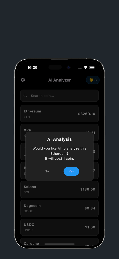 AI Analyzer - AI Analyzer mobile app interface displaying a list of cryptocurrencies and a popup window asking to analyze Ethereum for one coin.