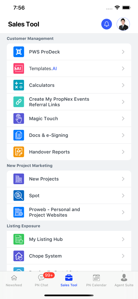 PN Business Suite - Sales Tool dashboard of the PN Business Suite app for real estate agents showing management and marketing features