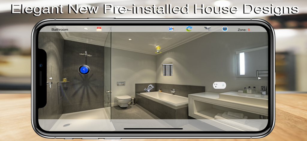 HOS Smart Home IP Control - HOS Smart Home app showing a visual control interface for a bathroom on a smartphone