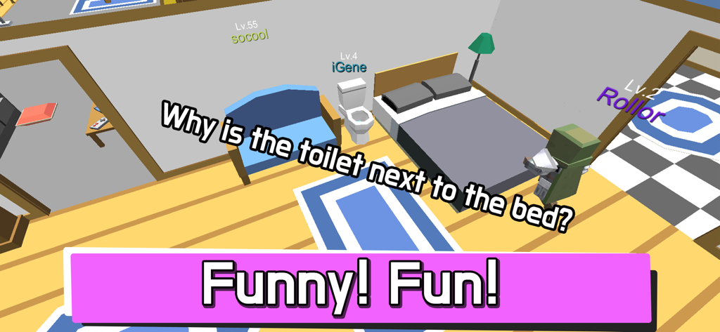 A player disguised as a toilet hiding next to a bed in the Hide.io prop hunt game