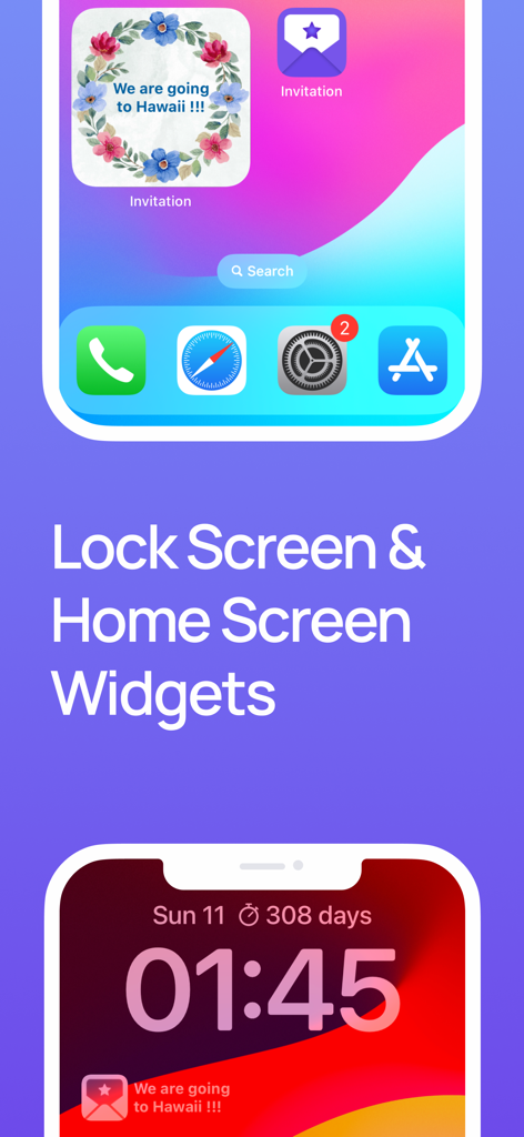 Invitation Maker |Card Creator - Widgets da tela de início e bloqueio do iOS mostrando um anúncio personalizado de viagem ao Havaí com designs florais.