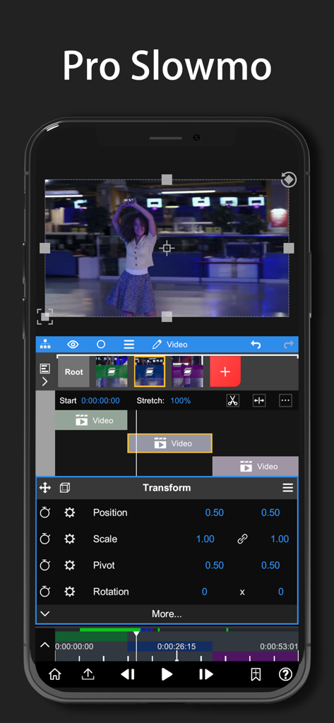 Node Video - Node Video app interface showing Pro Slowmo editing with timeline layers and transform properties for professional video effects