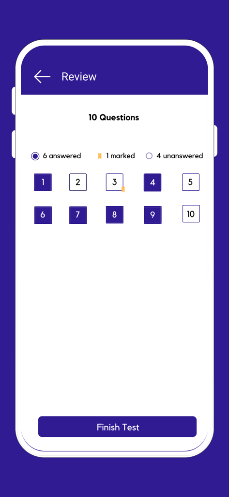 Pantalla de revisión de un cuestionario de examen veterinario que muestra el progreso en diez preguntas de opción múltiple.
