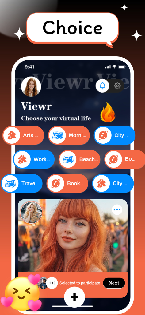Viewr：Video Chat & Share Life - Interface of Viewr app showing a selection of lifestyle interest tags and a user profile picture