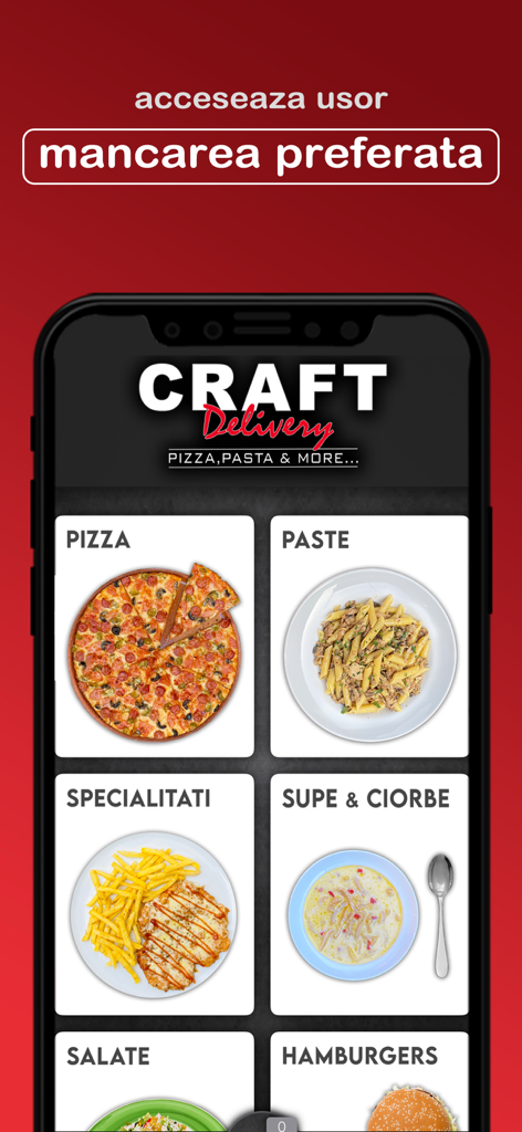 Craft Delivery - Pantalla de inicio de la aplicación Craft Delivery mostrando una cuadrícula de categorías de comida, incluyendo pizza, pasta y hamburguesas