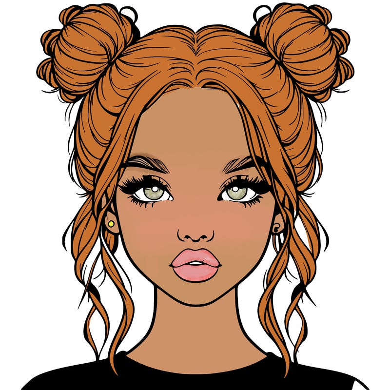 realistic girl with two buns in hair and lips