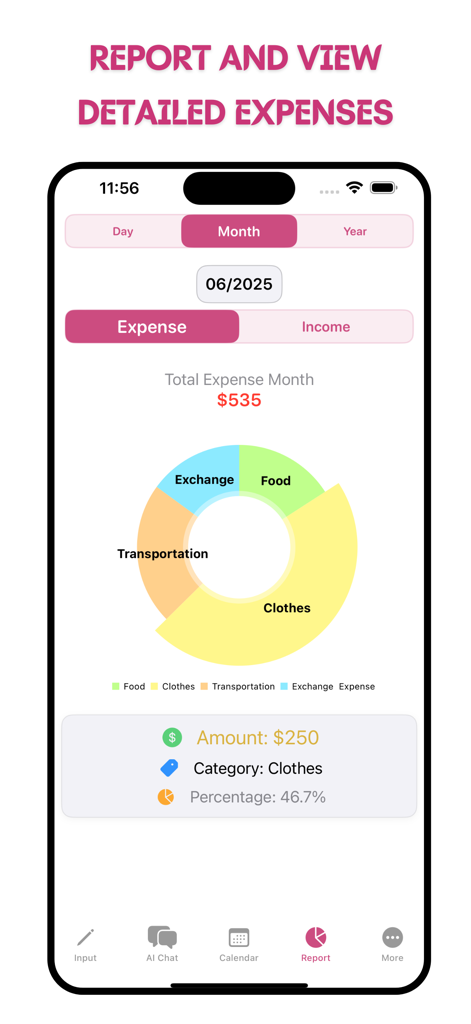 MoneyBay: Expense Manager - Monthly expense report screen in the MoneyBay app showing a colorful pie chart with spending categories like clothes and food