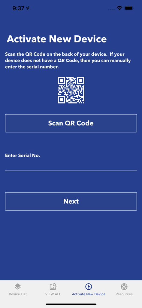 SilverCloud - Activation screen in the SilverCloud app for adding a new GPS tracker via QR code or serial number