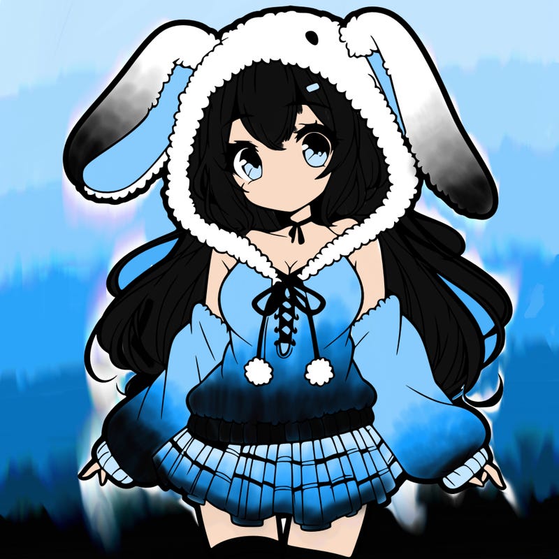 pretty anime girl wearing a fluffy hoodie with bunny ears on the hood and a skirt