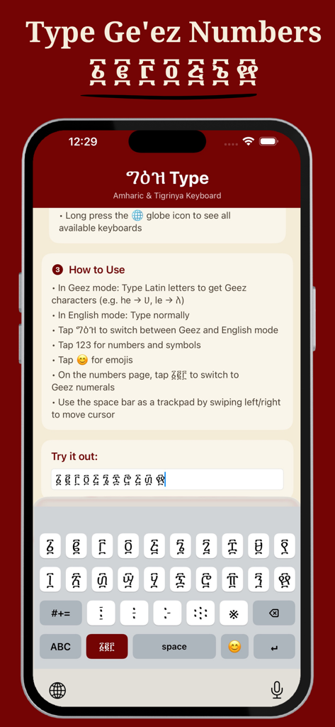Interfaz de la aplicación de teclado GeezType que muestra números Geez nativos en la pantalla de un smartphone