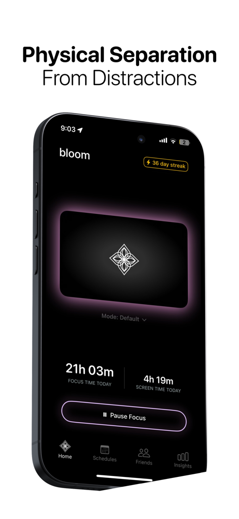 Bloom - Conquer Screen Time - Bloom app home screen showing daily focus time and screen time statistics with a minimalist dark interface.