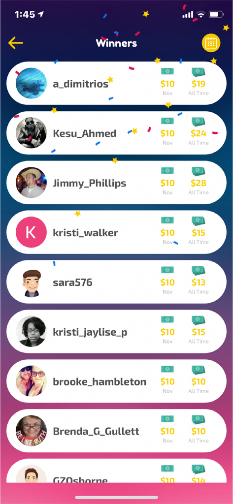 Play and Win -Win Cash Prizes! - Play and Winトリビアアプリで、トッププレイヤーの名前と獲得した現金賞金額を示すリーダーボード。