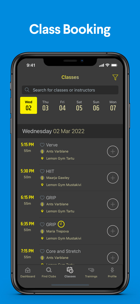 Lemon gym Lithuania - Interface do aplicativo Lemon Gym Lituânia exibindo uma lista de aulas de fitness disponíveis para reserva com nomes de instrutores e locais