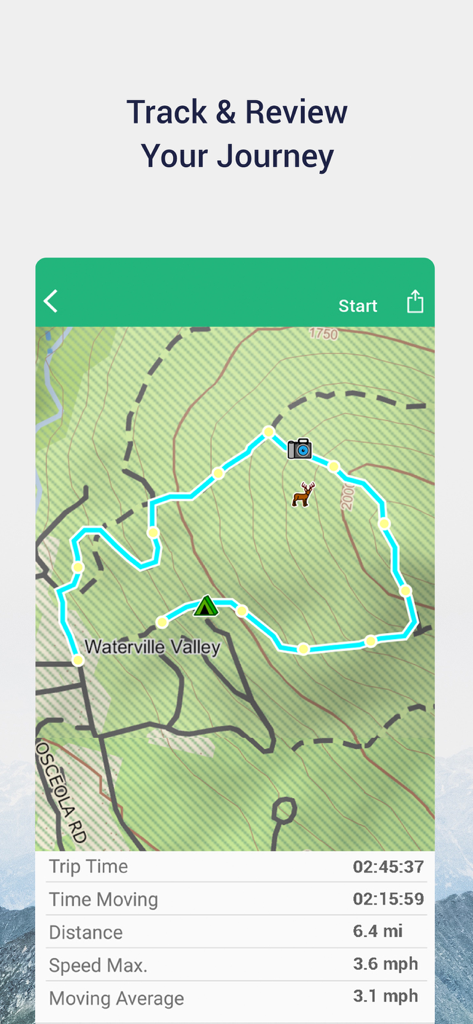 Earthmate - Earthmate app interface displaying a tracked hiking route on a topographic map with trip statistics