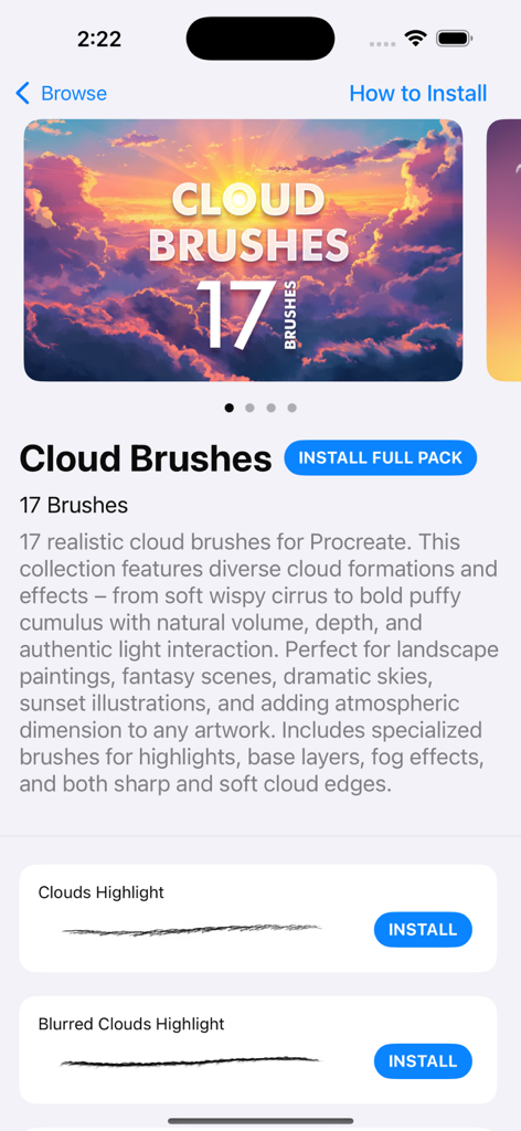 Brushes for Procreate & Tools - Procreateでのデジタルペインティング用の17のリアルなブラシスタイルを備えたCloud Brushesパックの詳細ビュー。