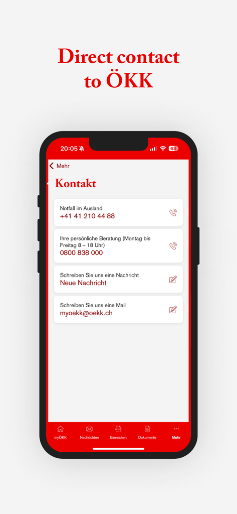 긴급 전화 지원, 메시징 및 이메일 옵션이 있는 myÖKK 앱 연락처 화면을 보여주는 스마트폰.
